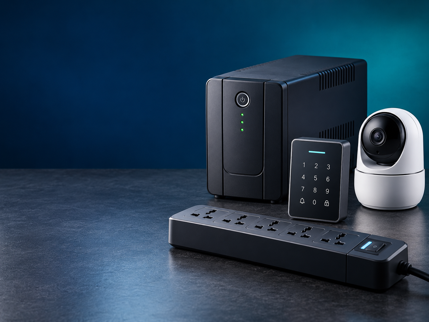 Example UPS, security camera, access keypad and surge protection equipment